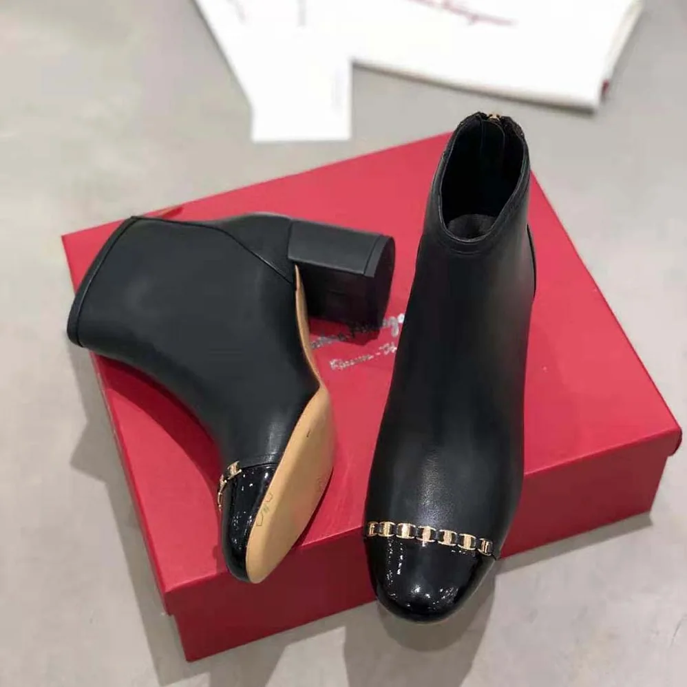 Salvatore Ferragamo Vara Chain Bootie in 70mm Heel for Women in Black