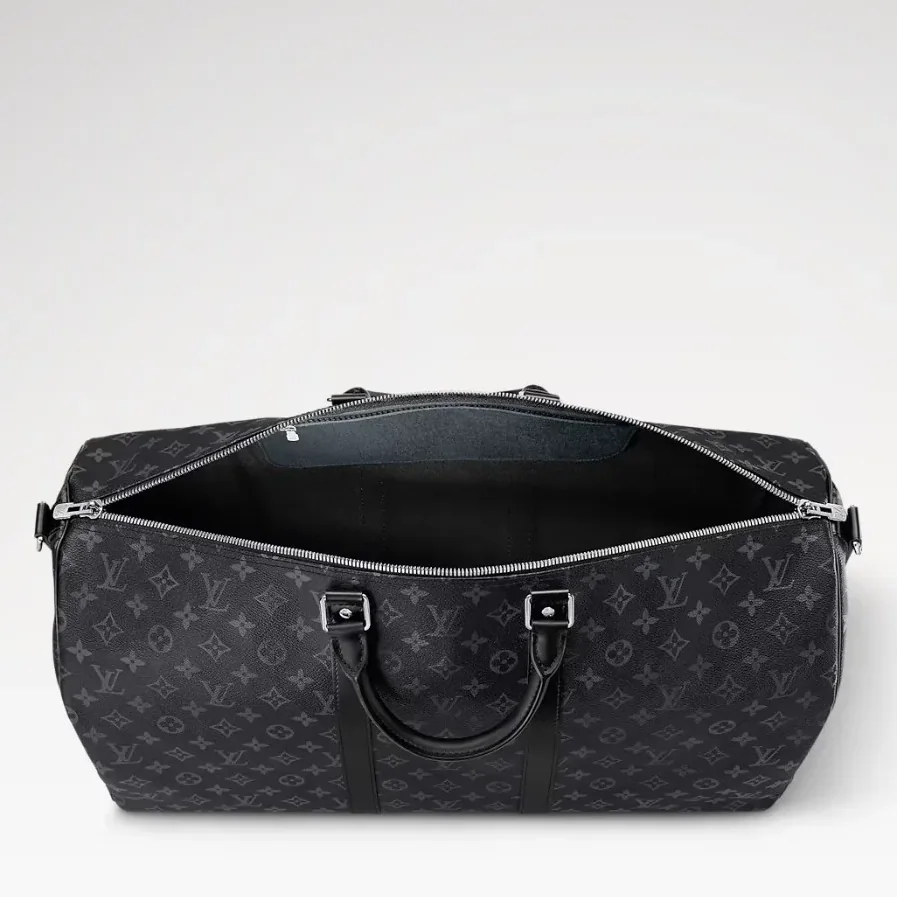 Louis Vuitton Keepall Bandouliere 55 Travel Bag / Black Monogram Eclipse Silver Hardawre Louis Vuitton Keepall Bandouliere 55 Travel Bag / Black Monogram Eclipse Silver Hardawre