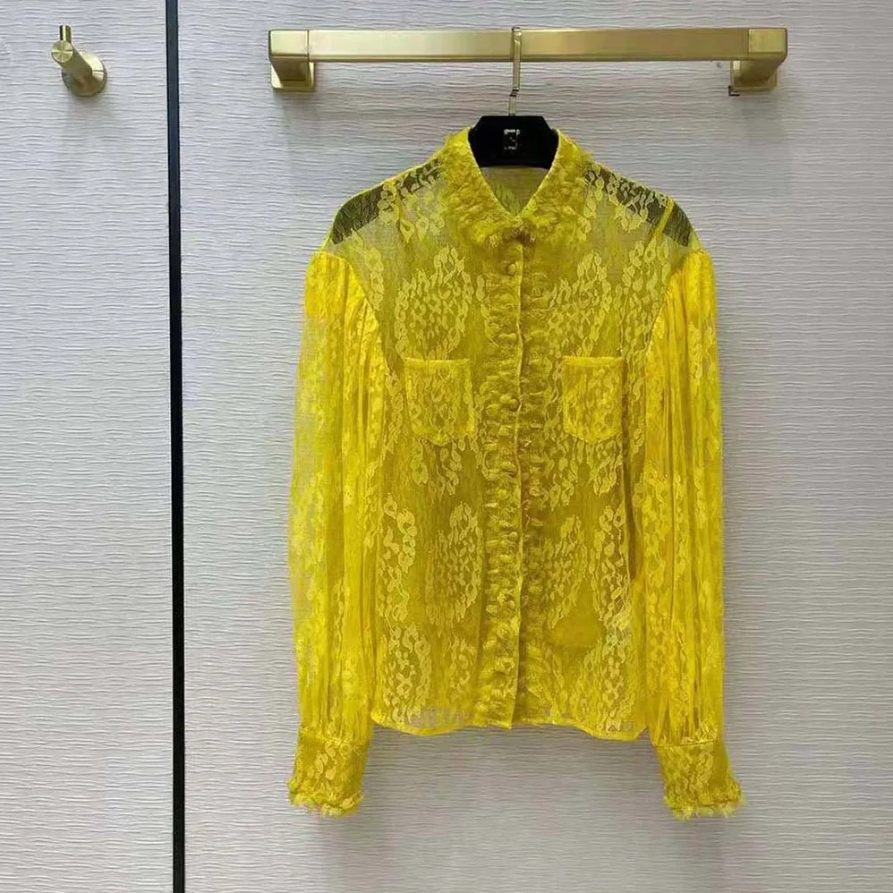 Fendi Yellow Lace Shirt with Wide Puff Sleeves for Women Fendi Yellow Lace Shirt with Wide Puff Sleeves for Women
