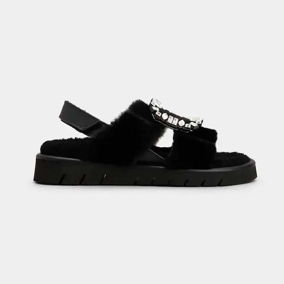 Roger Vivier Viv' Winter Fur Strass Buckle Sandals in Sheepskin for Women in Black Roger Vivier Viv' Winter Fur Strass Buckle Sandals in Sheepskin for Women in Black
