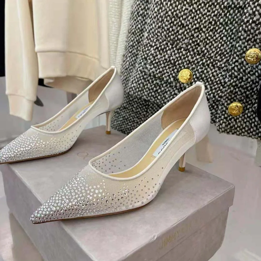 Jimmy Choo Love 85 White Mesh Pointed-Toe Pumps with Degrade Crystals for Women