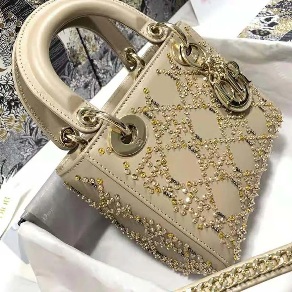 Dior Mini Lady Dior Bag Metallic Cannage Calfskin with Platinum Beaded Embroidery for Women