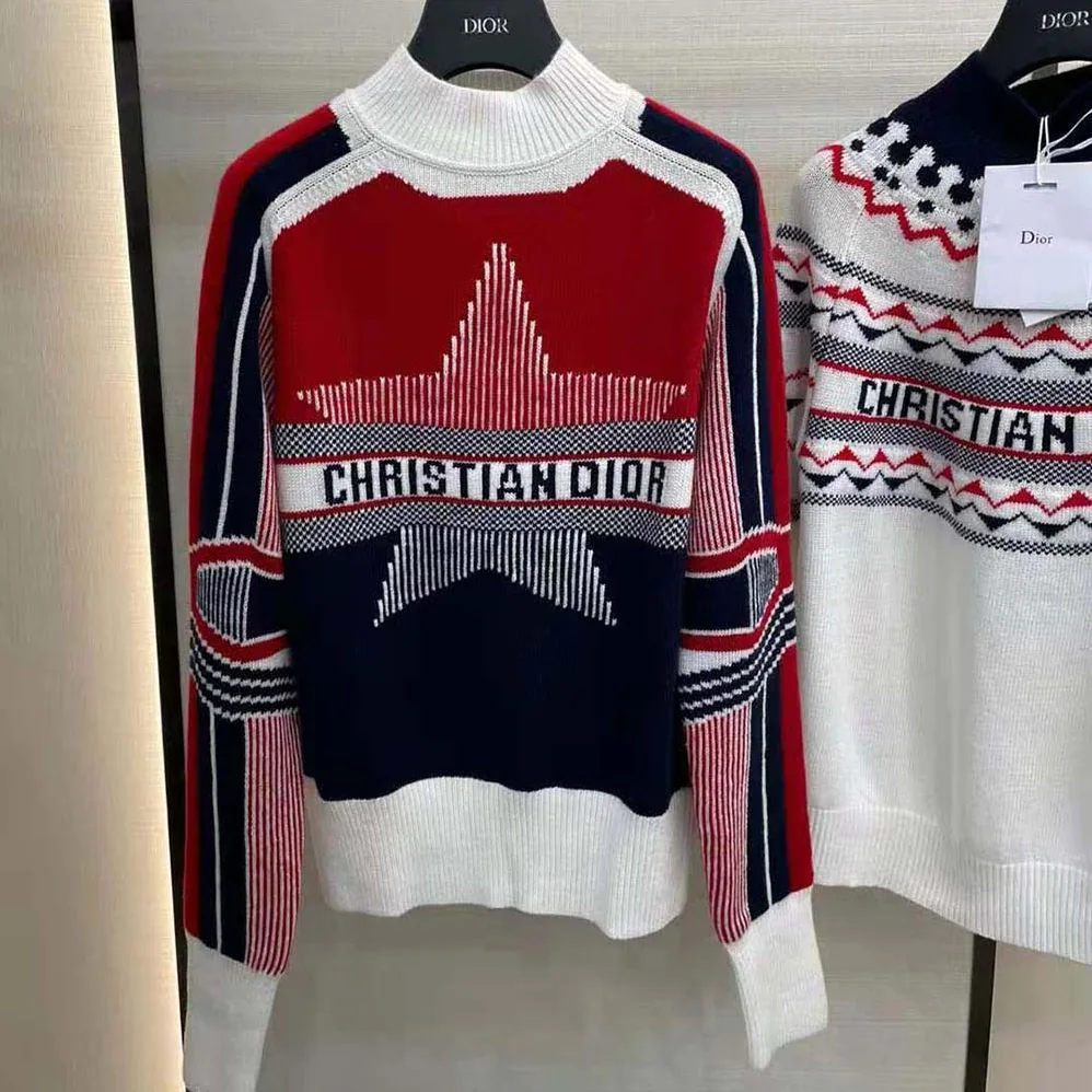 Dior Dioralps Stand Collar Sweater Three-Tone Dior Star Wool and Cashmere for Women Dior Dioralps Stand Collar Sweater Three-Tone Dior Star Wool and Cashmere for Women
