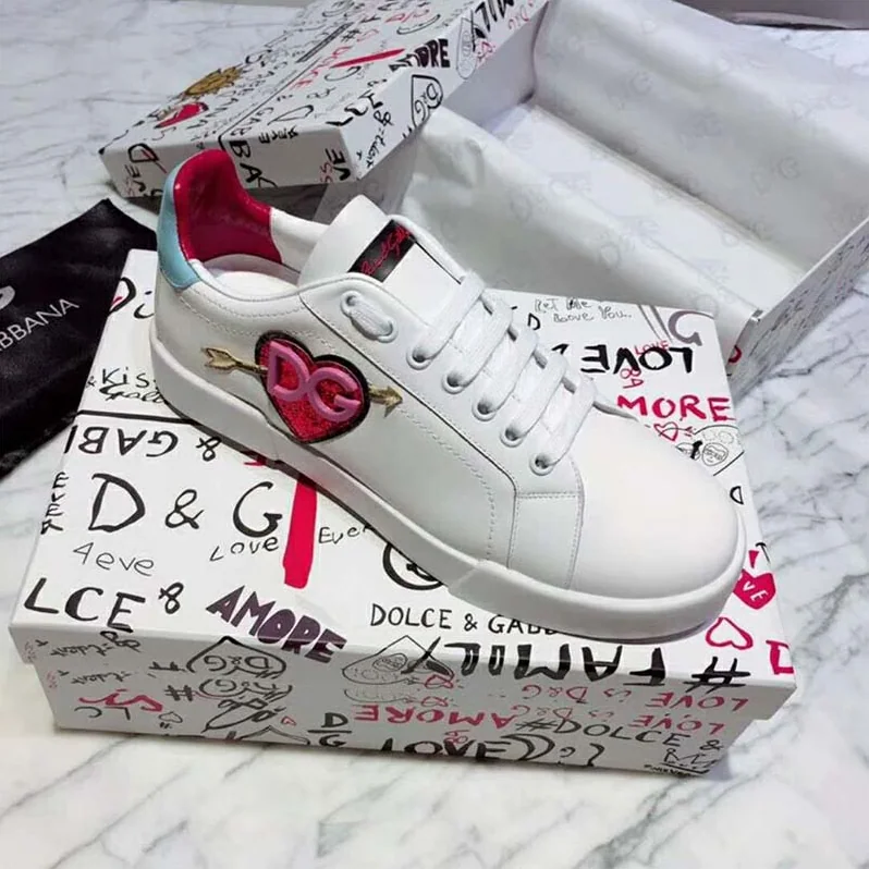 Dolce Gabbana D&G Shoes Leather Portofino Sneakers with Patch for Women Dolce Gabbana D&G Shoes Leather Portofino Sneakers with Patch for Women
