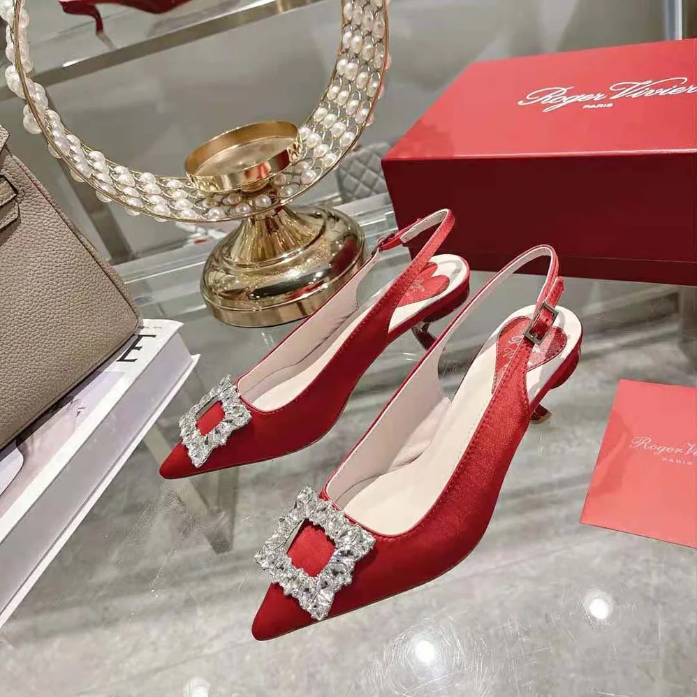 Roger Vivier Virgule Strass Buckle Slingback Pumps in Satin for Women in Red Roger Vivier Virgule Strass Buckle Slingback Pumps in Satin for Women in Red