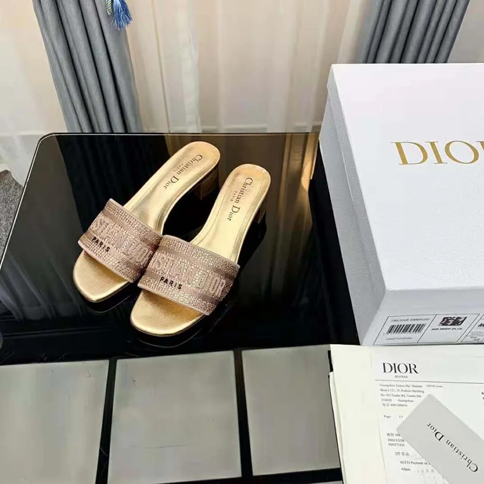 Dior Dway Heeled Slide Gold for Women in Tone Cotton Embroidered Dior Dway Heeled Slide Gold for Women in Tone Cotton Embroidered