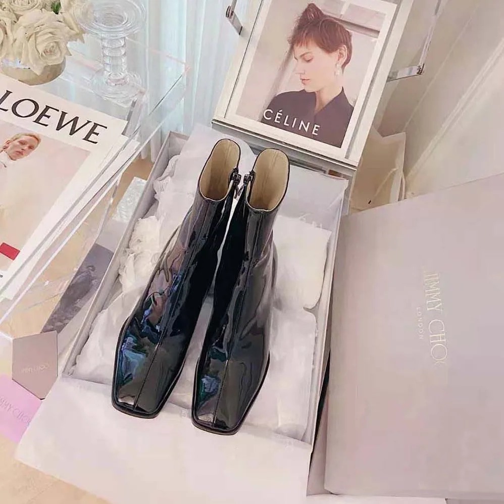 Jimmy Choo Bryelle 85 Black Naplack Block Heel Ankle Boots with JC emblem for Women Jimmy Choo Bryelle 85 Black Naplack Block Heel Ankle Boots with JC emblem for Women