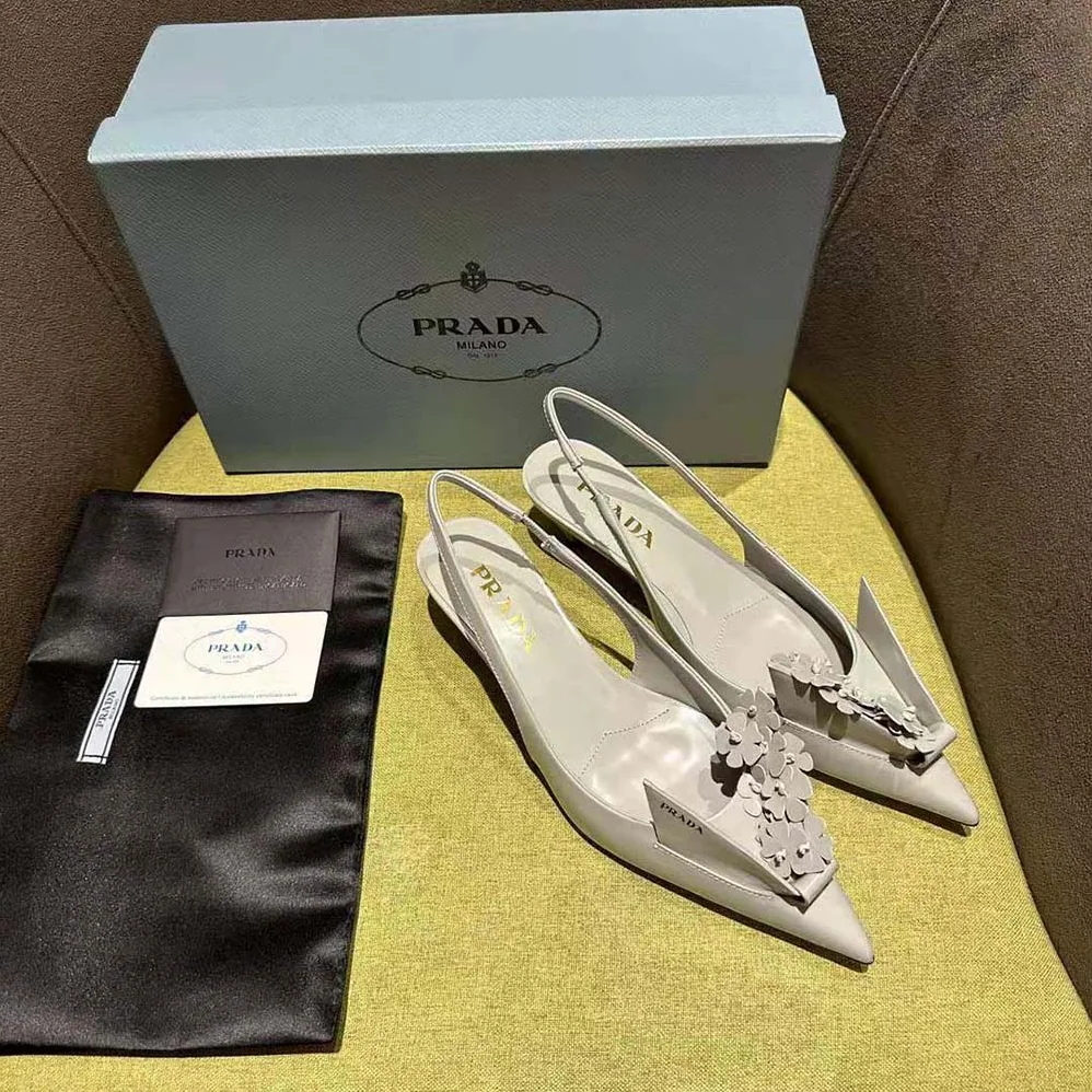 Prada Brushed Leather Slingback Pumps with Floral Appliques for Women in Gray Prada Brushed Leather Slingback Pumps with Floral Appliques for Women in Gray
