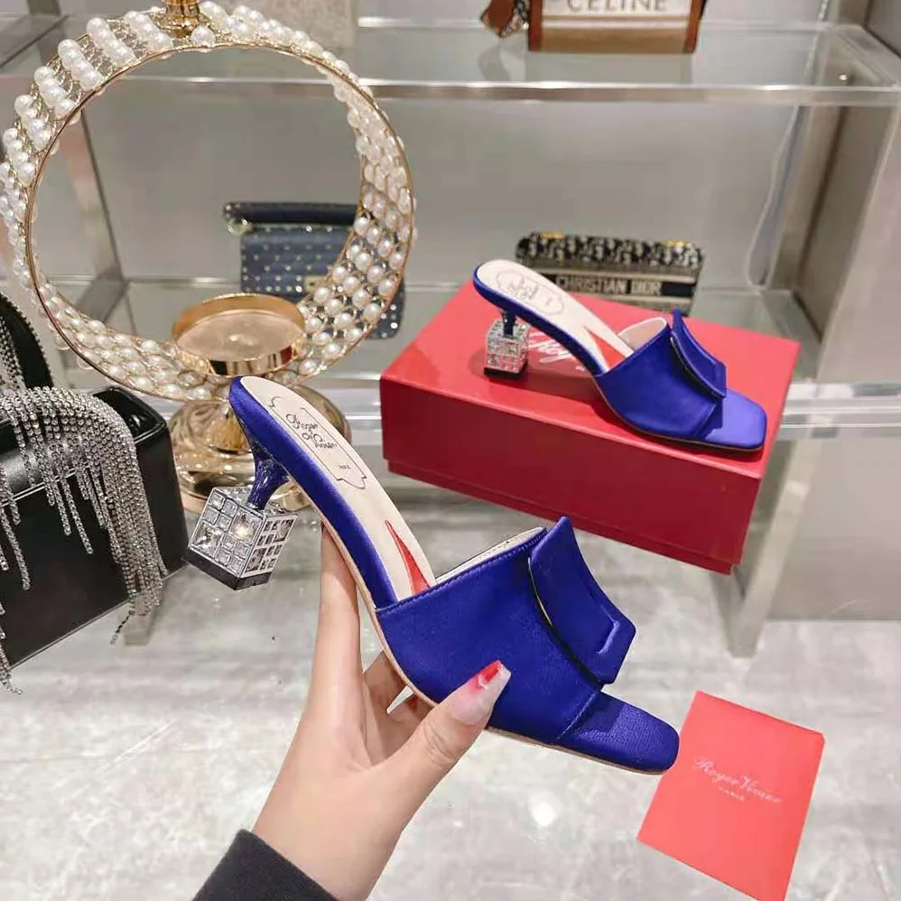 Roger Vivier Cube Strass Heel Mules in Satin for Women in Purple Roger Vivier Cube Strass Heel Mules in Satin for Women in Purple