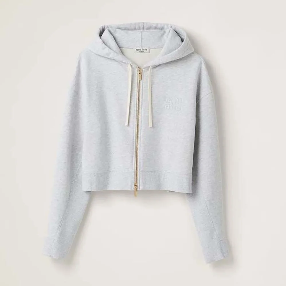 Miu Miu Embroidered Cotton Fleece Hoodie with Embroidered Logo for Women in Silver Miu Miu Embroidered Cotton Fleece Hoodie with Embroidered Logo for Women in Silver