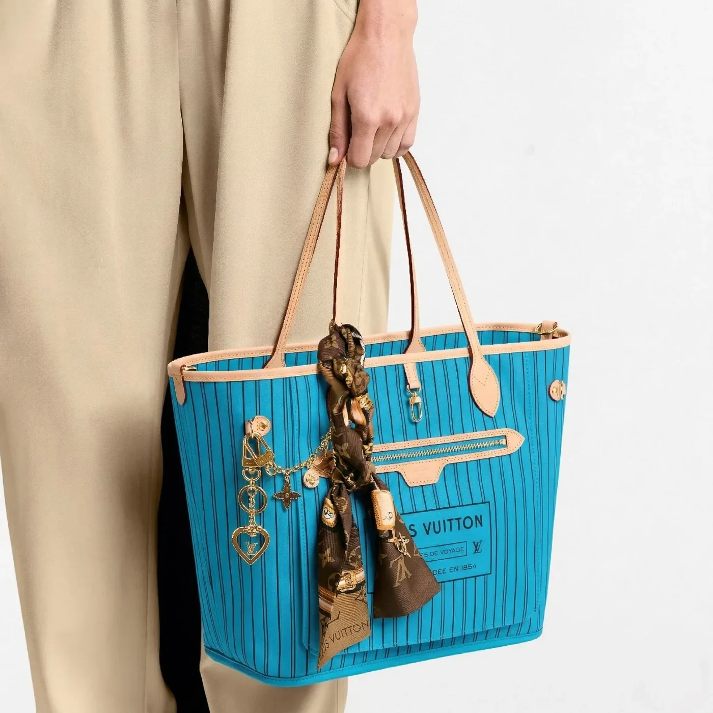 Louis Vuitton Neverfull Bandouliere Inside Out MM Tote Bag in Gaston Blue Gold Hardware