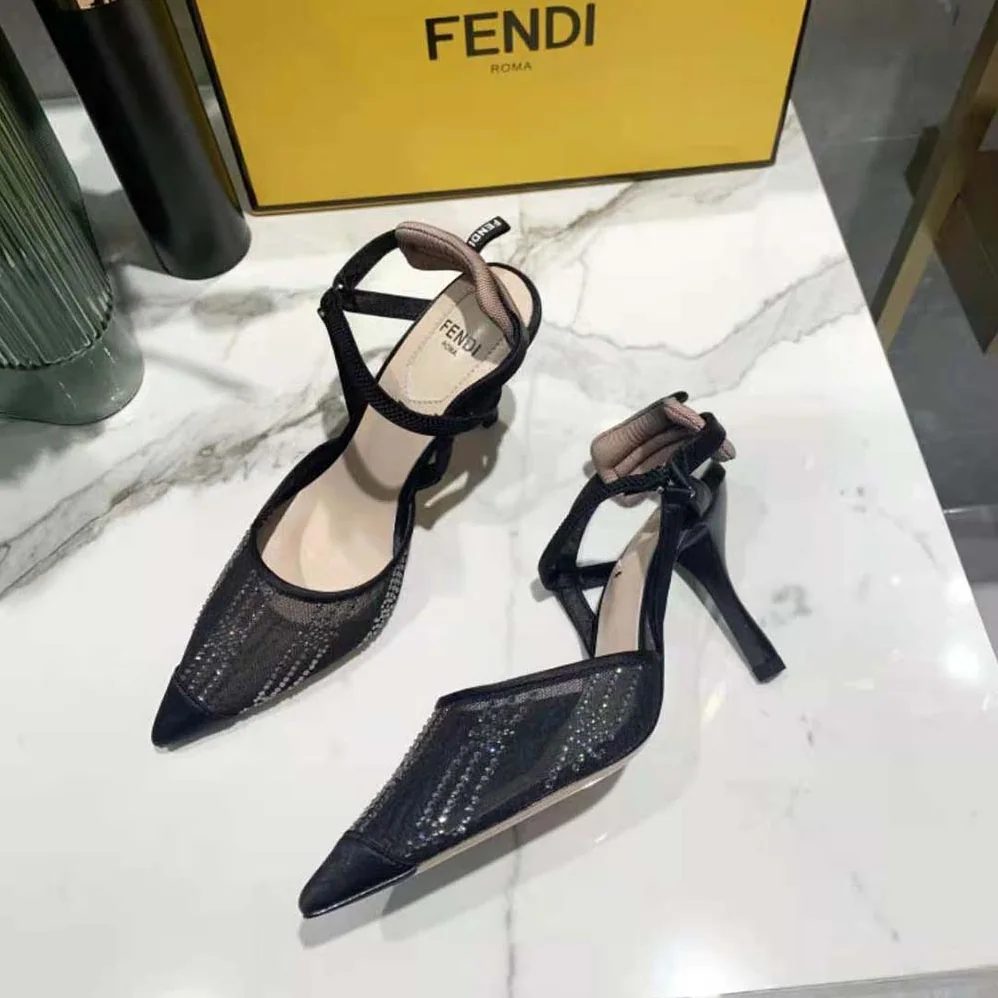 Fendi Colibri Black Mesh High-Heeled Slingbacks with Rhinestone Embroidery for Women Fendi Colibri Black Mesh High-Heeled Slingbacks with Rhinestone Embroidery for Women