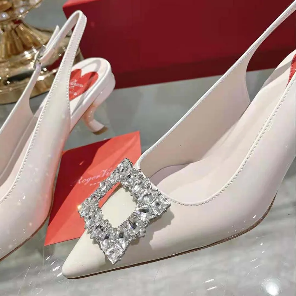 Roger Vivier Virgule Strass Buckle Slingback Pumps in Patent Leather for Women in White Roger Vivier Virgule Strass Buckle Slingback Pumps in Patent Leather for Women in White