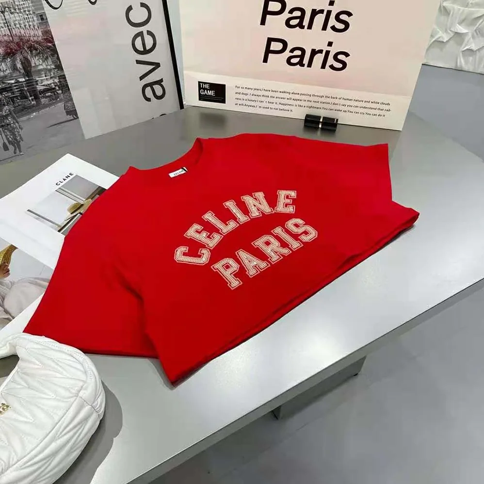 Celine Cropped Celine T-shirt in Cotton Fleece for Women in Red Celine Cropped Celine T-shirt in Cotton Fleece for Women in Red