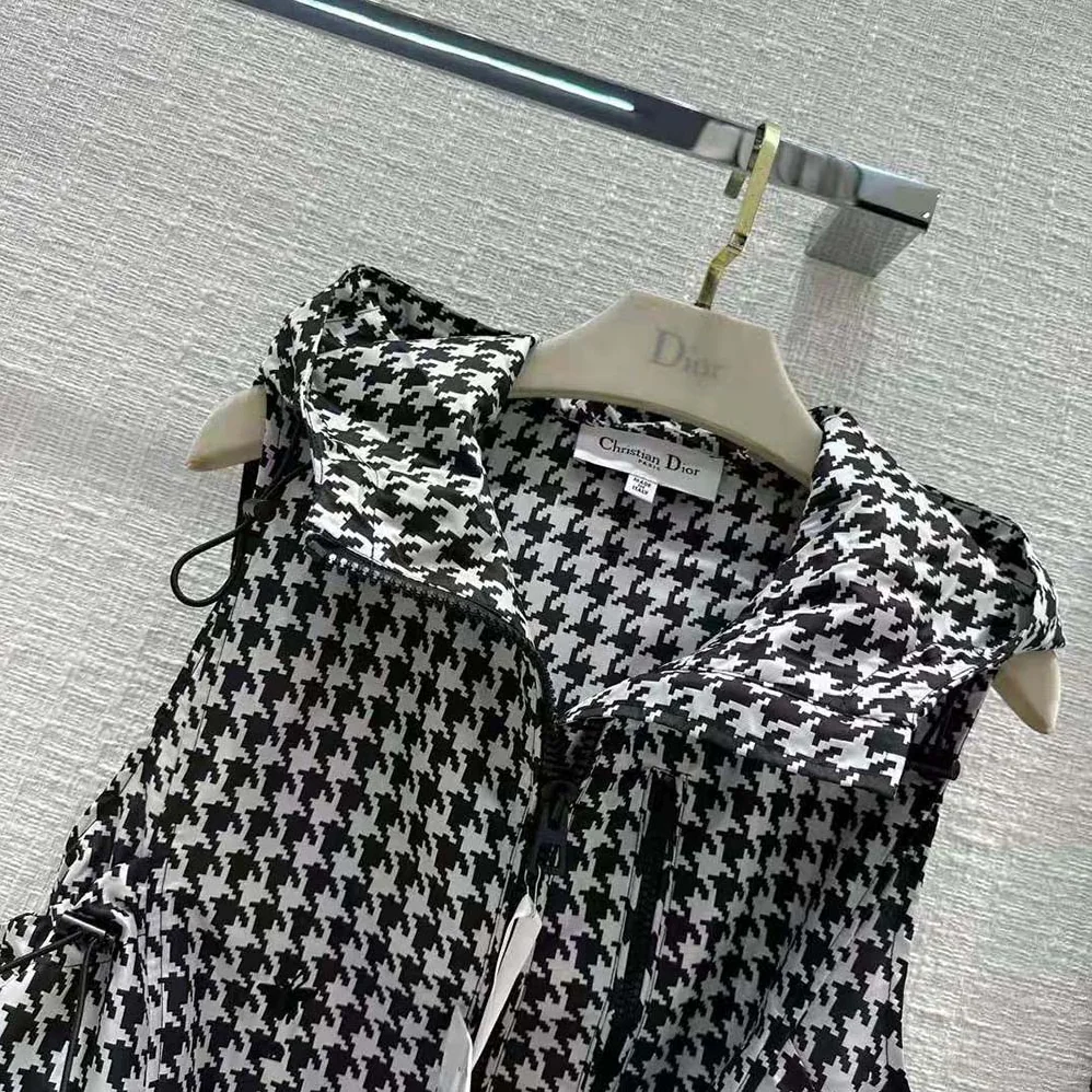 Dior Hooded Sleeveless Vest Black and White Technical Taffeta Jacquard with Macro Houndstooth Motif for Women