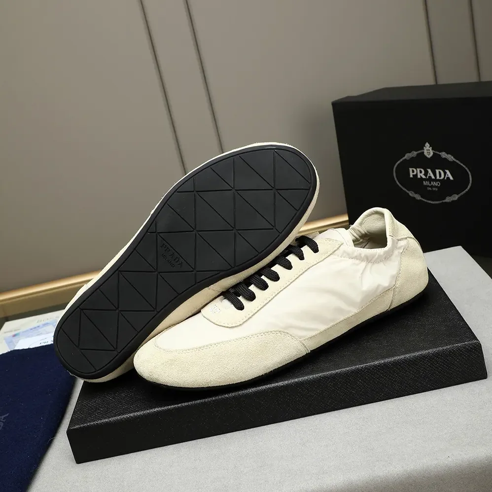 Prada Collapse Re-Nylon and Suede Elasticized Sneakers for Unisex in Ivory Prada Collapse Re-Nylon and Suede Elasticized Sneakers for Unisex in Ivory