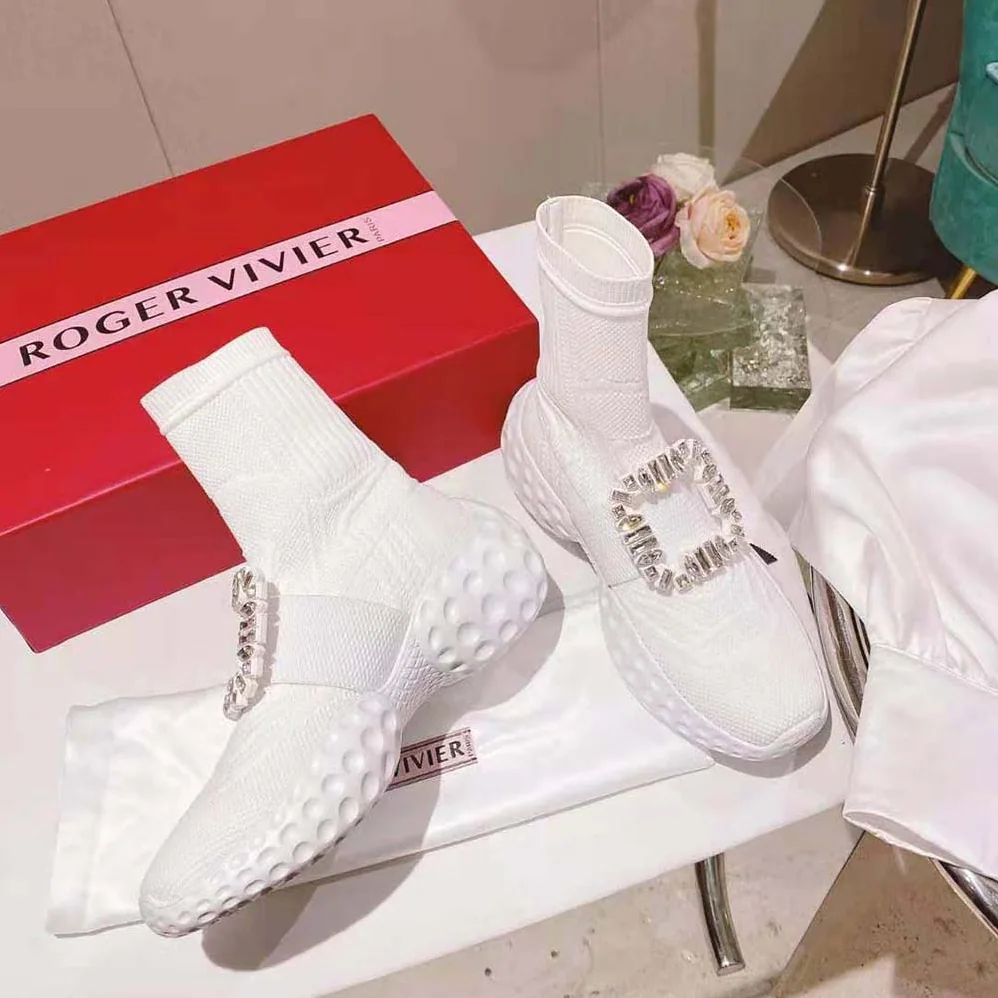 Roger Vivier Viv' Run Light Socks Strass Buckle Ankle Boots in Fabric for Women in White