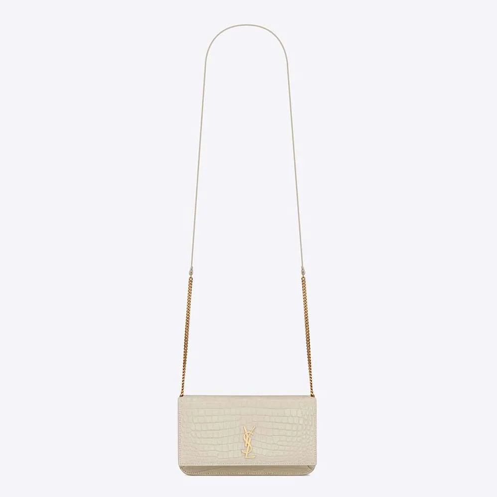 Saint Laurent YSL Cassandre Phone Holder with Strap in Shiny Crocodile-Embossed Leather for Women in White Saint Laurent YSL Cassandre Phone Holder with Strap in Shiny Crocodile-Embossed Leather for Women in White