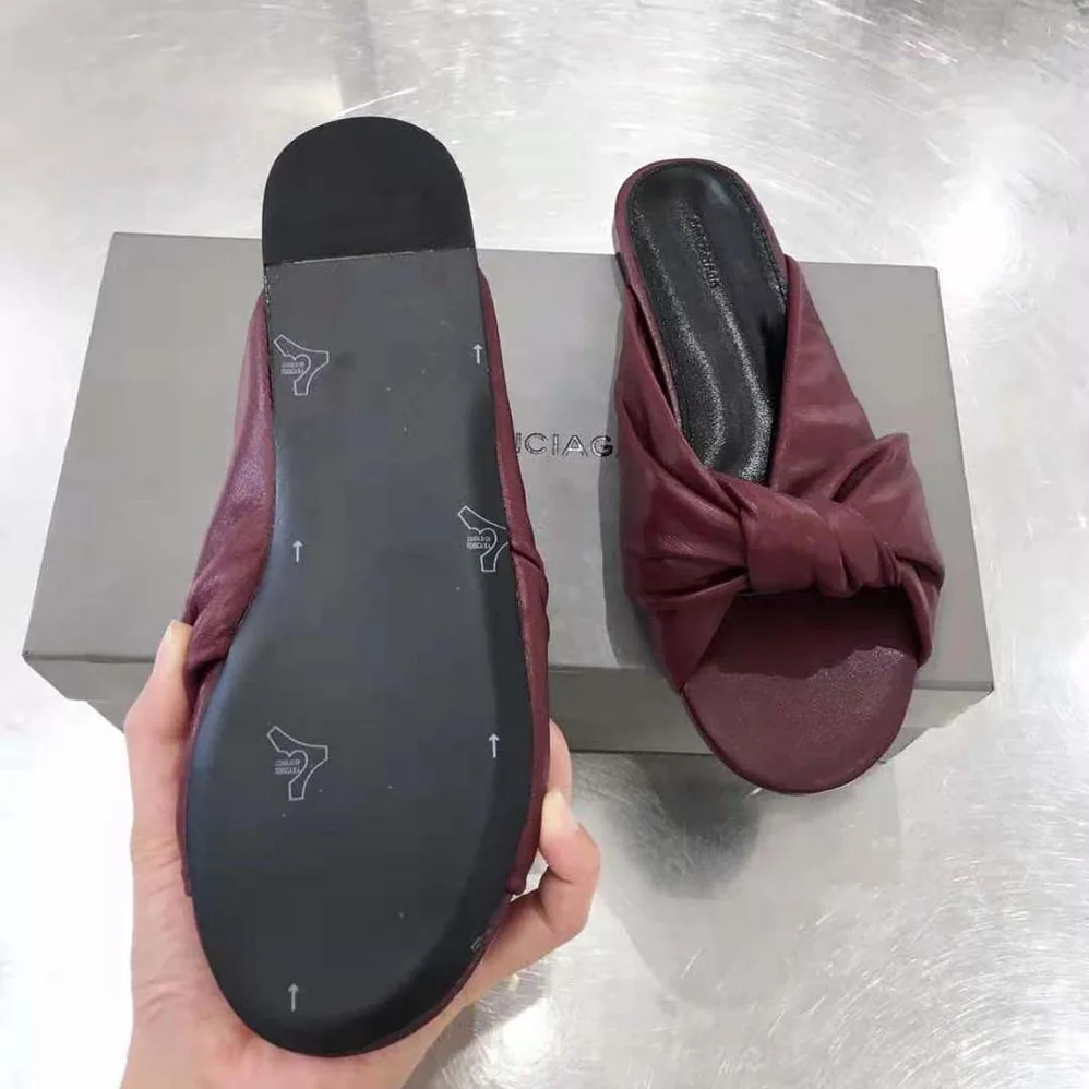 Balenciaga Drapy Flat Sandal in Dark Red Smooth Nappa Lambskin for Women