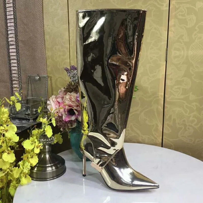 Jimmy Choo Shoes Hurley 100 Gold Liquid Mirror Leather Two for Women in Piece Knee High Booties Jimmy Choo Shoes Hurley 100 Gold Liquid Mirror Leather Two for Women in Piece Knee High Booties