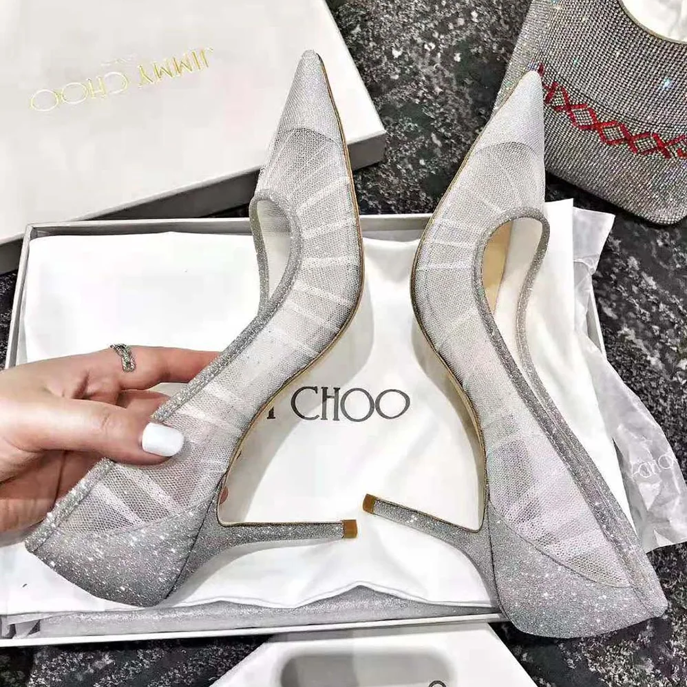 Jimmy Choo Love 100 Metallic Silver Glitter Fabric Pumps with Ivory Tulle Overlay for Women Jimmy Choo Love 100 Metallic Silver Glitter Fabric Pumps with Ivory Tulle Overlay for Women