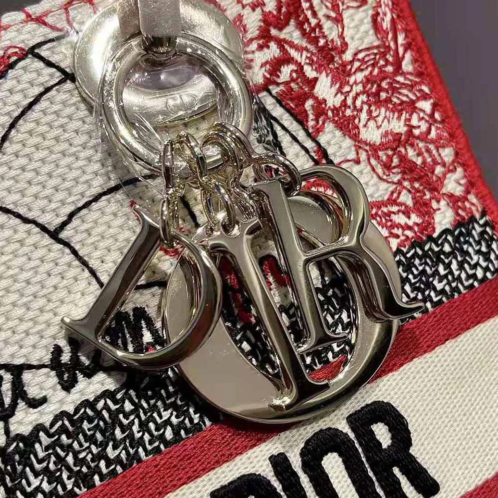 Dior Medium Lady D-lite Bag Red and White D for Women in Royaume D Amour Embroidery
