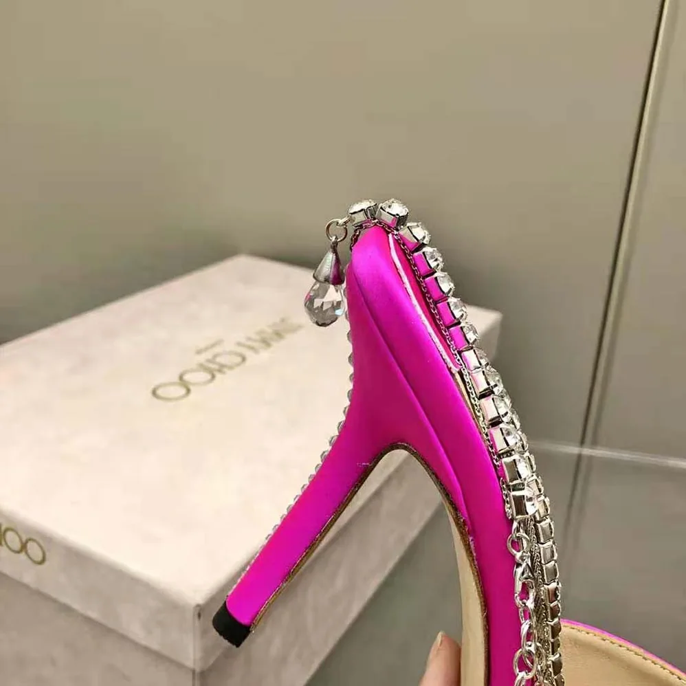 Jimmy Choo Saeda 100 Fuchsia Satin Pumps with Crystal Embellishment for Women Jimmy Choo Saeda 100 Fuchsia Satin Pumps with Crystal Embellishment for Women