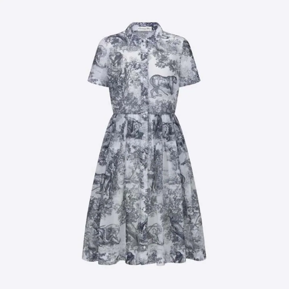 Dior Mid-Length Shirt Dress White and Navy Blue Toile de Jouy Cotton Voile for Women Dior Mid-Length Shirt Dress White and Navy Blue Toile de Jouy Cotton Voile for Women