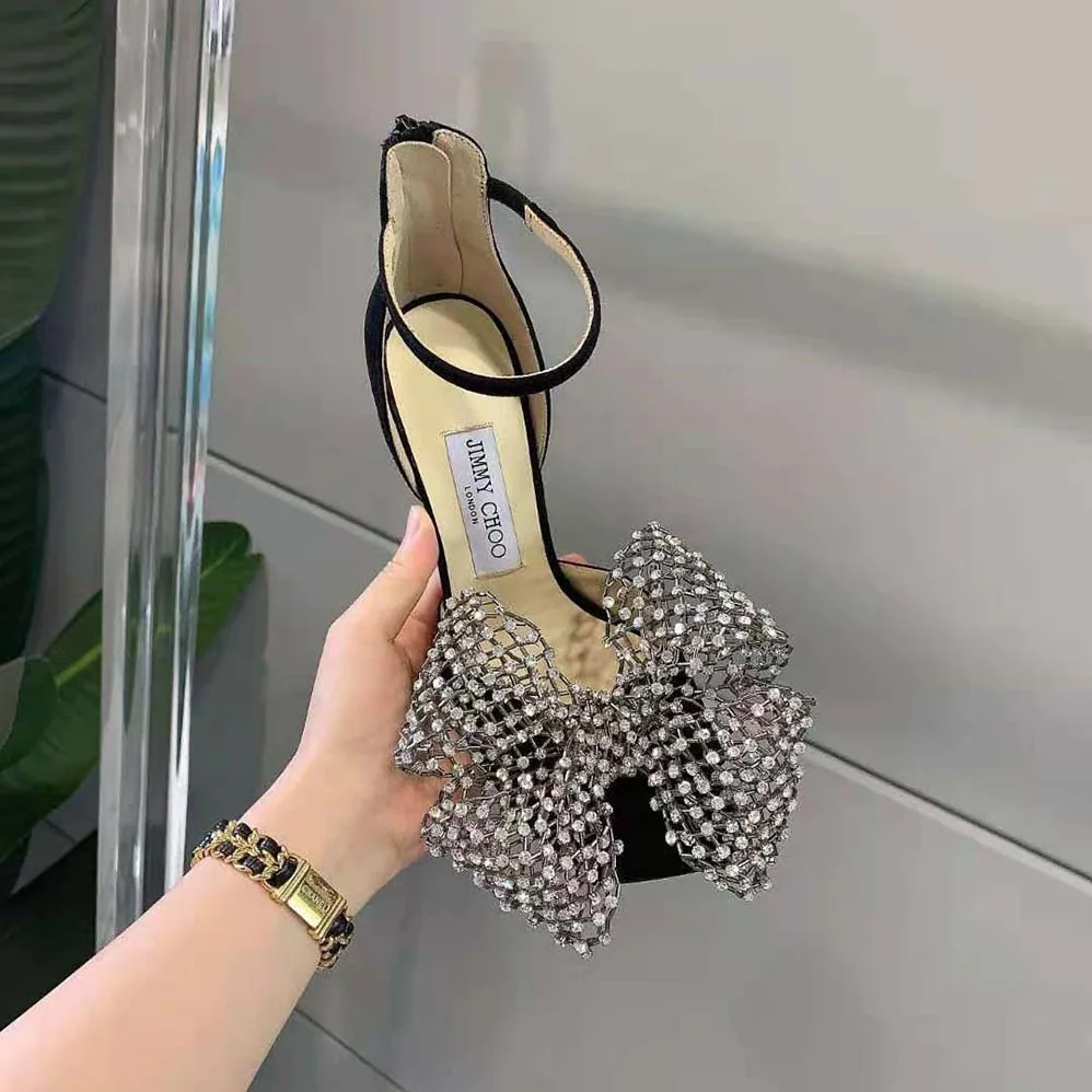 Jimmy Choo Mana 100 Black Suede Sandals with Crystal Bow Clasp for Women Jimmy Choo Mana 100 Black Suede Sandals with Crystal Bow Clasp for Women