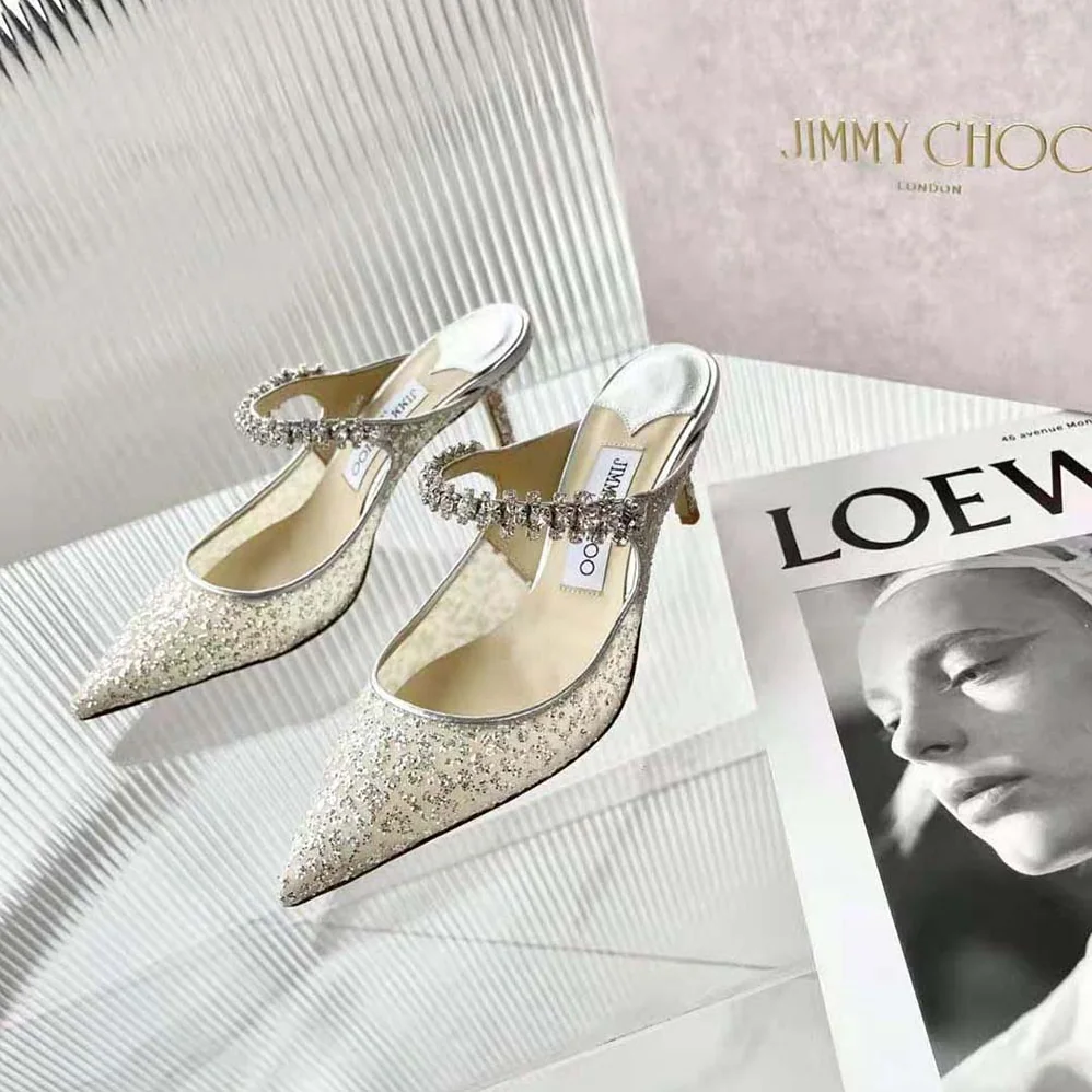 Jimmy Choo BING 100 Silver Glitter Tulle Mules with Crystal Strap for Women