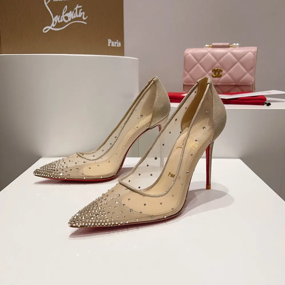 Christian Louboutin Follies Strass 100 mm Pumps Net Suede Calf and Strass for Women in Beige Christian Louboutin Follies Strass 100 mm Pumps Net Suede Calf and Strass for Women in Beige