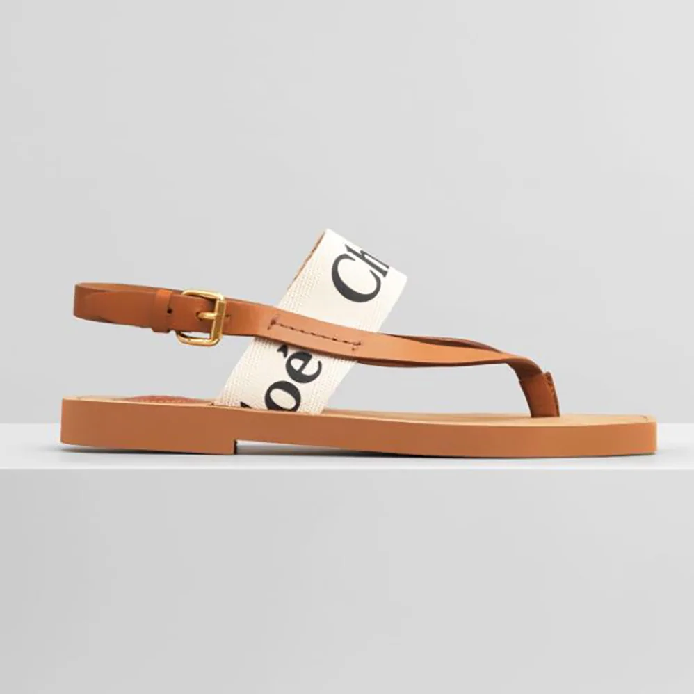 Chloe Woody Flat Sandal in Calfskin and Canvas for Women in White Chloe Woody Flat Sandal in Calfskin and Canvas for Women in White