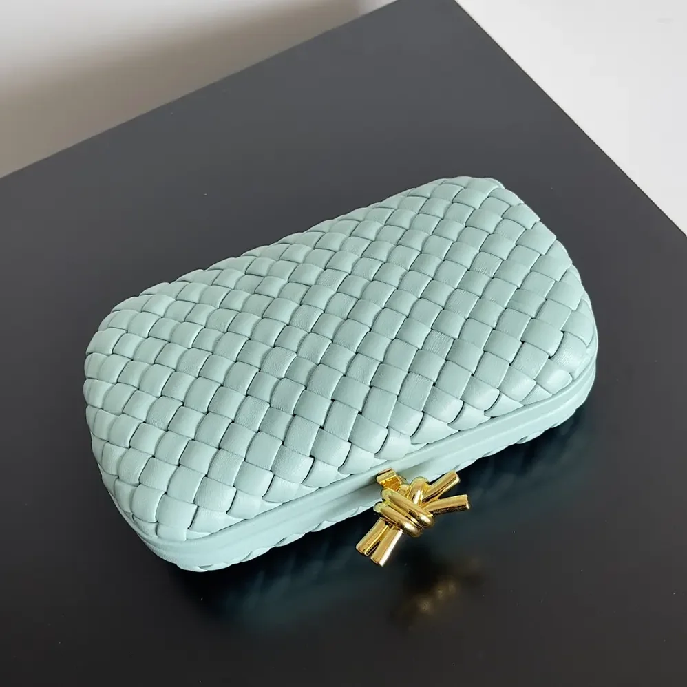 Bottega Veneta Knot Minaudière Clutch in Calfskin Leather for Women in Light Blue Bottega Veneta Knot Minaudière Clutch in Calfskin Leather for Women in Light Blue