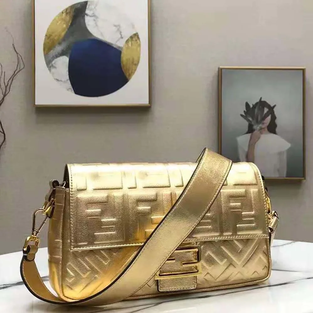 Fendi Baguette Fendi Prints On Leather Bag for Women in Gold Fendi Baguette Fendi Prints On Leather Bag for Women in Gold