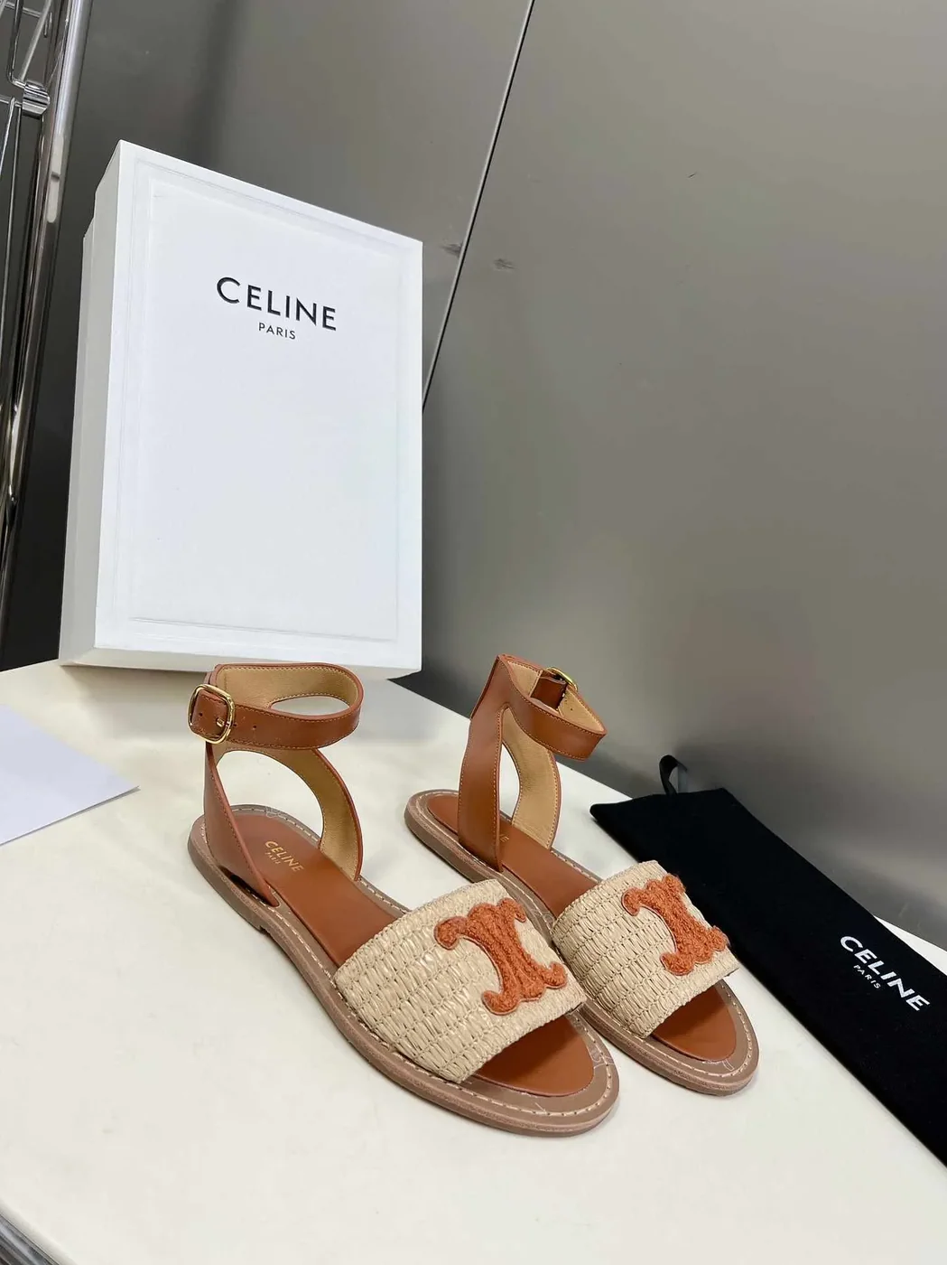 Celine Lympia Flat Strap Sandal In Raffia Brown Celine Lympia Flat Strap Sandal In Raffia Brown