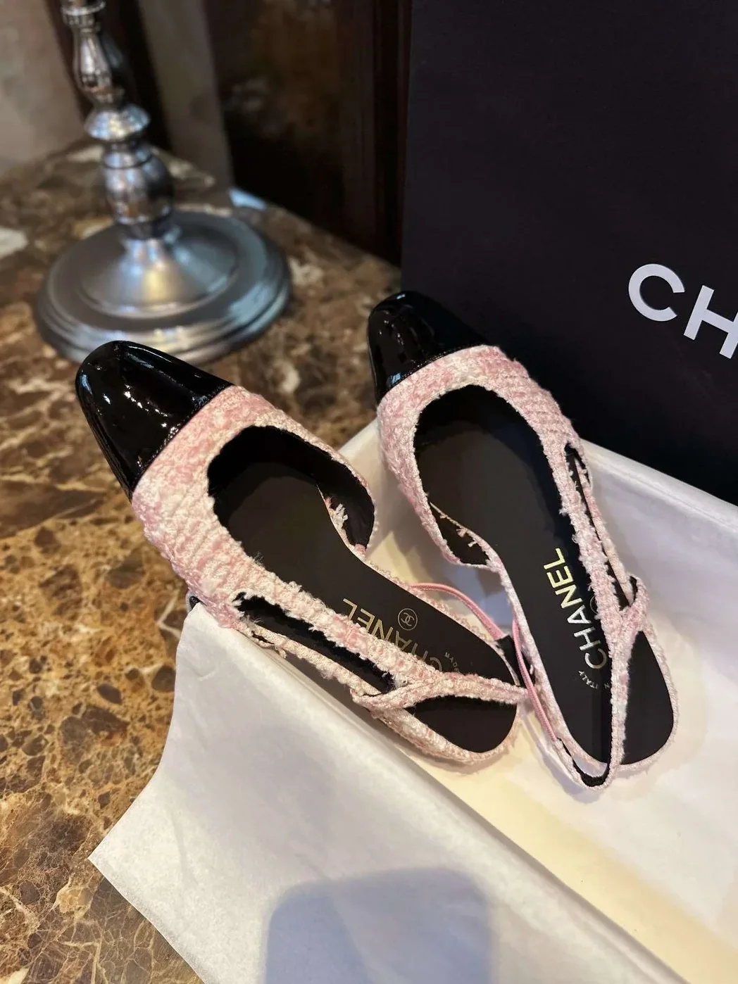Chanel Sling Back Tweed Sandals Pink