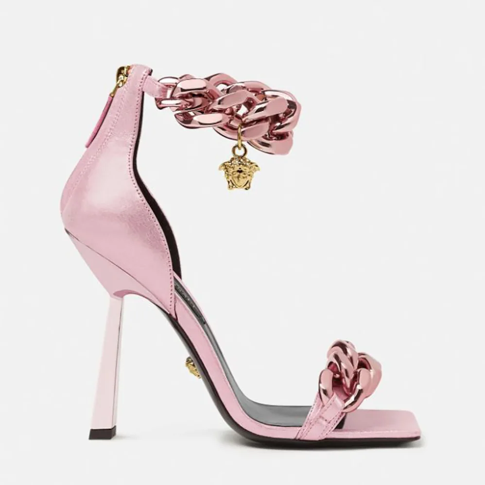 Versace Medusa Chain Suede Sandals in 11cm Heel for Women in Pink Versace Medusa Chain Suede Sandals in 11cm Heel for Women in Pink
