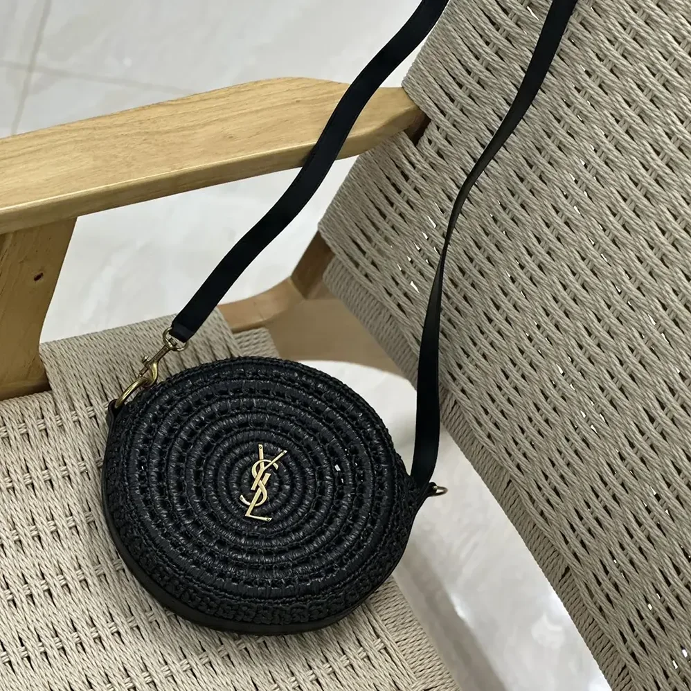 Saint Laurent YSL Round Bag in Raffia and Vegetable-Tanned Leather for Women in Black Saint Laurent YSL Round Bag in Raffia and Vegetable-Tanned Leather for Women in Black