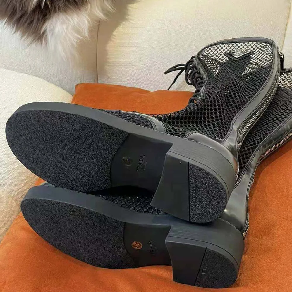 Prada Brushed Leather and Mesh Boots for Women in Black