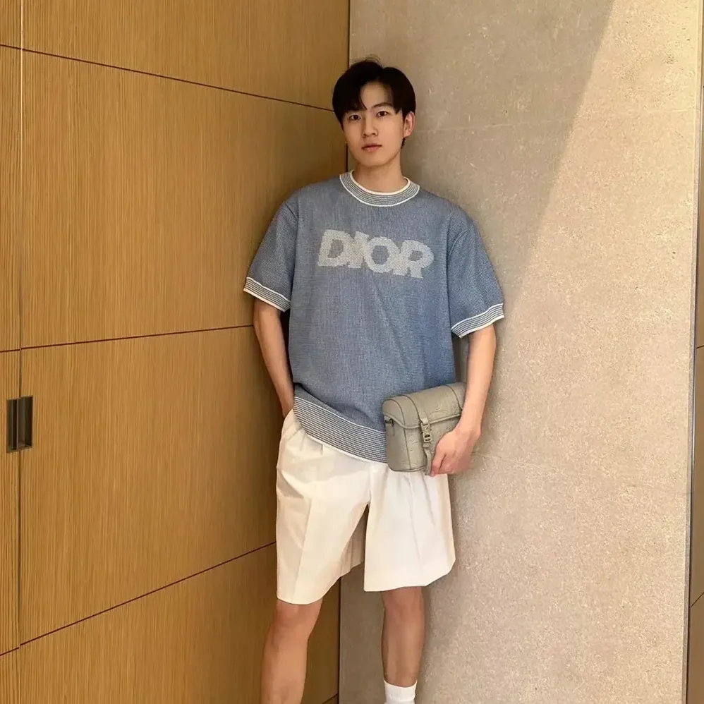 Dior Italic T-Shirt Blue Cotton for Men in Blend Tramato Knit Dior Italic T-Shirt Blue Cotton for Men in Blend Tramato Knit
