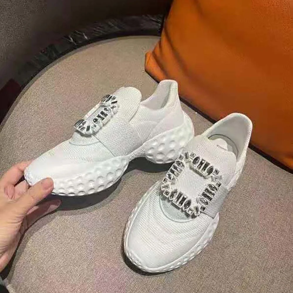 Roger Vivier Viv' Run Light Strass Buckle Sneakers in Fabrics for Women in White Roger Vivier Viv' Run Light Strass Buckle Sneakers in Fabrics for Women in White