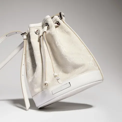 Gucci Bucket With Plaque Mini Shoulder Bag in Ivory Denim Palladium Hardware Gucci Bucket With Plaque Mini Shoulder Bag in Ivory Denim Palladium Hardware