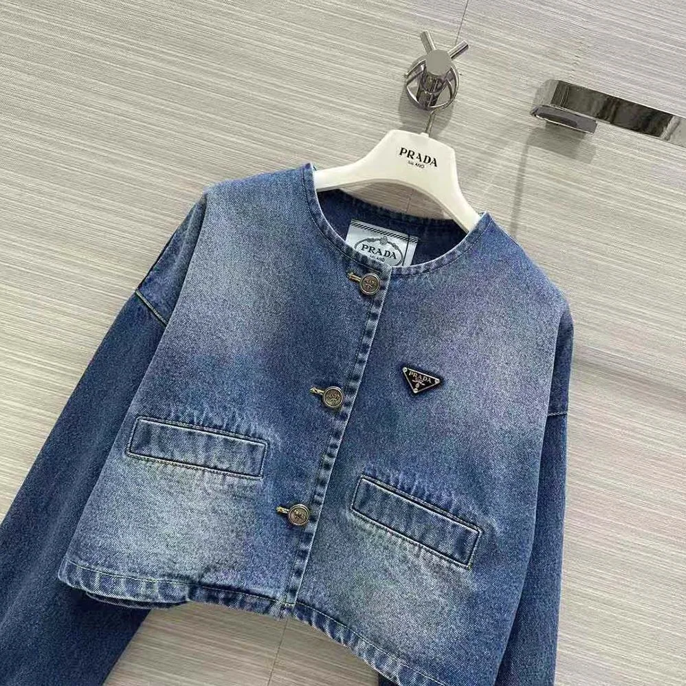 Prada Denim Blouson Jacket with Enameled Metal Triangle Logo for Women