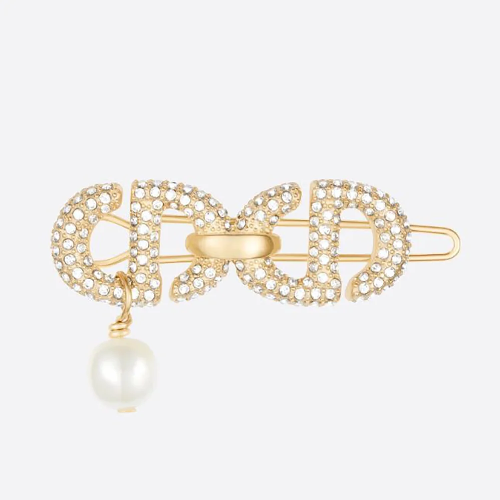 Dior CD Navy Barrette Gold-Finish Metal and White Crystals for Women
