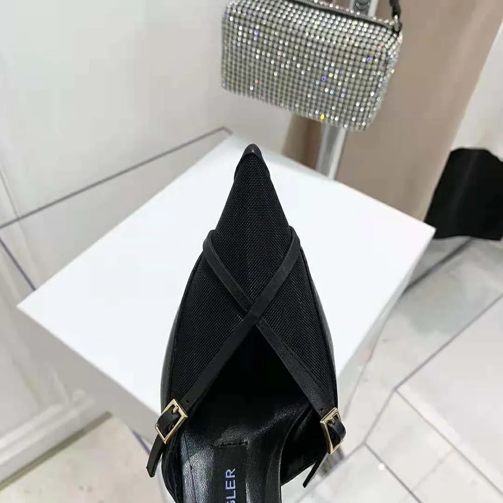 Jimmy Choo Mugler Strap Pump Black Kid Leather and Mesh Pumps with Straps for Women