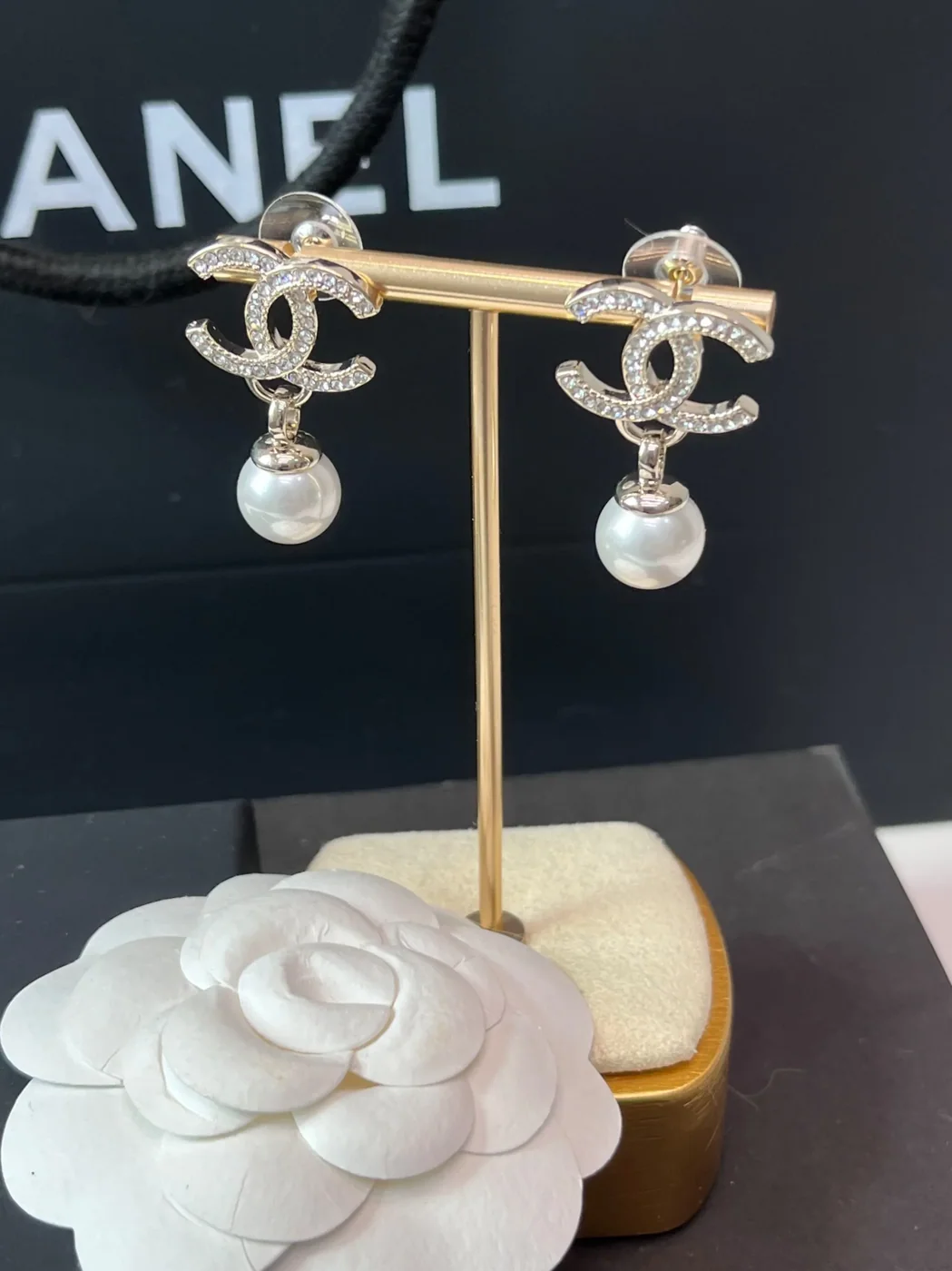 Chanel Shaped Pearl Letter Earrings Light Rose Gold