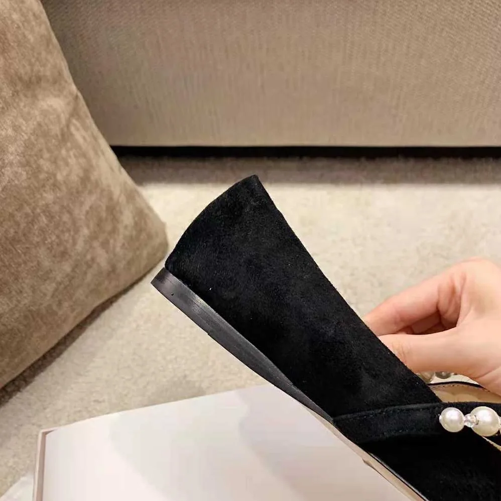 Jimmy Choo ADE Flat Black Suede Flats with Pearl Embellishment for Women Jimmy Choo ADE Flat Black Suede Flats with Pearl Embellishment for Women