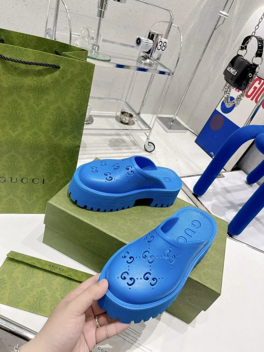 Gucci Platform Perforated G Sandal Light Blue for Women Gucci Platform Perforated G Sandal Light Blue for Women