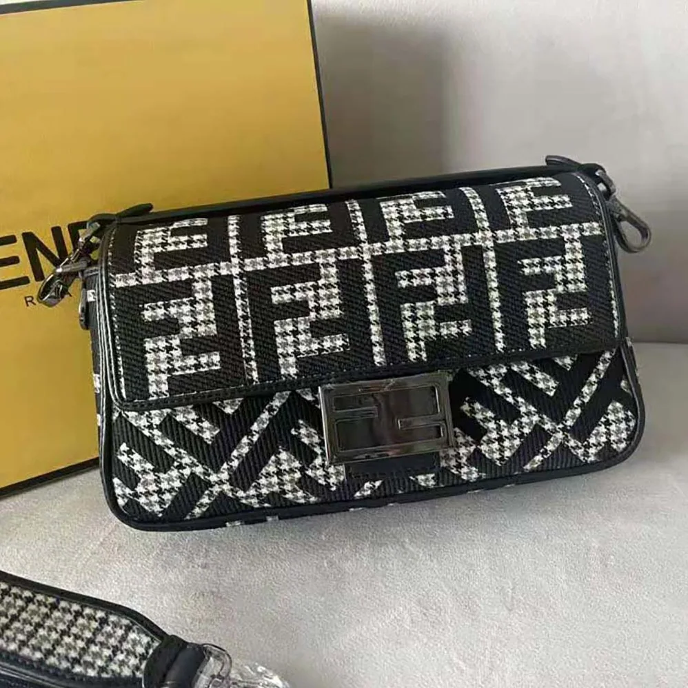 Fendi Baguette Gray Houndstooth Wool Bag with FF Embroidery for Women Fendi Baguette Gray Houndstooth Wool Bag with FF Embroidery for Women