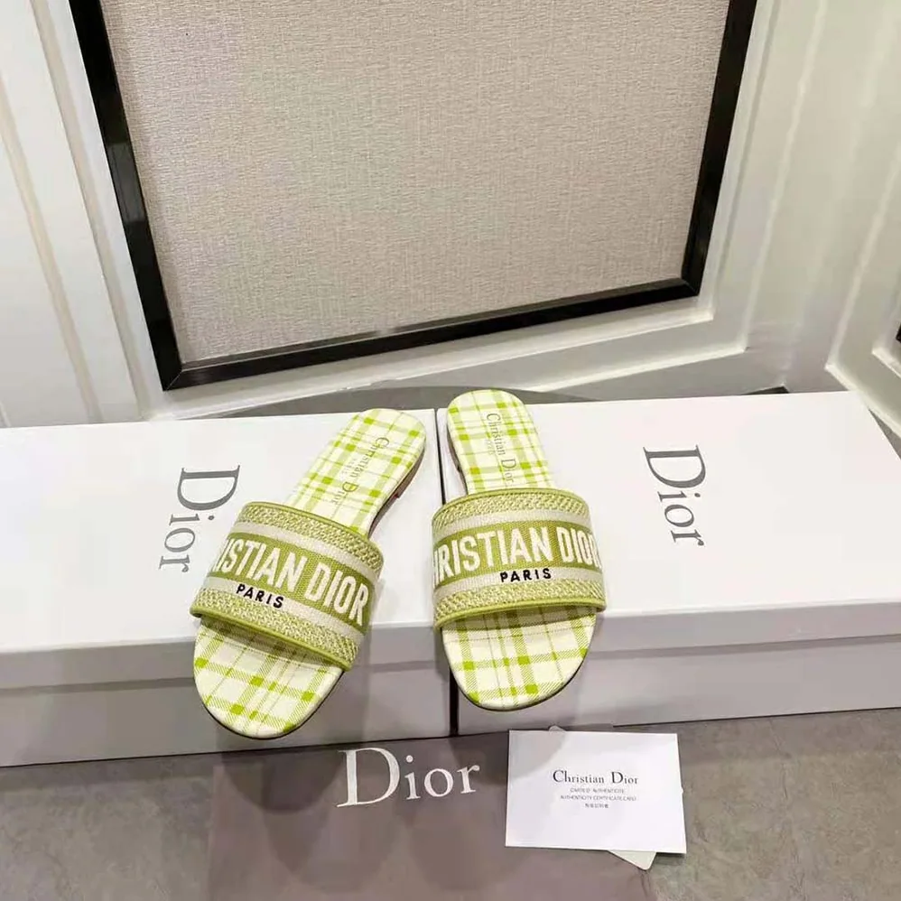 Dior Dway Slide Lime Check n Dior Embroidered Cotton for Women